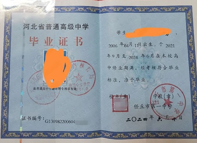 中山任丘市第一中学高中毕业证样本图片